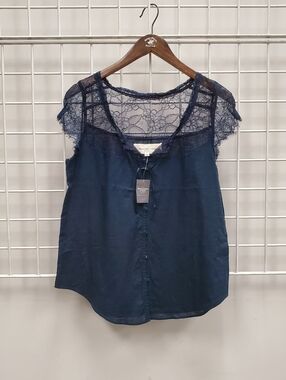 Abercrombie & Fitch Navy Lace Yoke Button-Front Blouse
